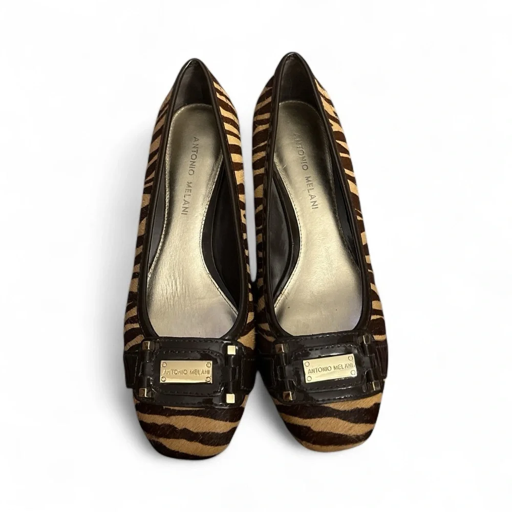Antonio Melani Brown & Gold & Zebra, Gold Logo Cowhide Heels Women's Size 7.5